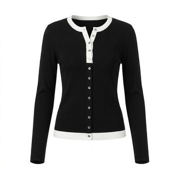 [WHOLESALE ONLY - CONTACT TO ORDER] Women's French Chic Contrast Tipped Henley Neck Ribbed Button-Front Cardigan Sweater (Classic Noir Black & Ivory) [AW-124]