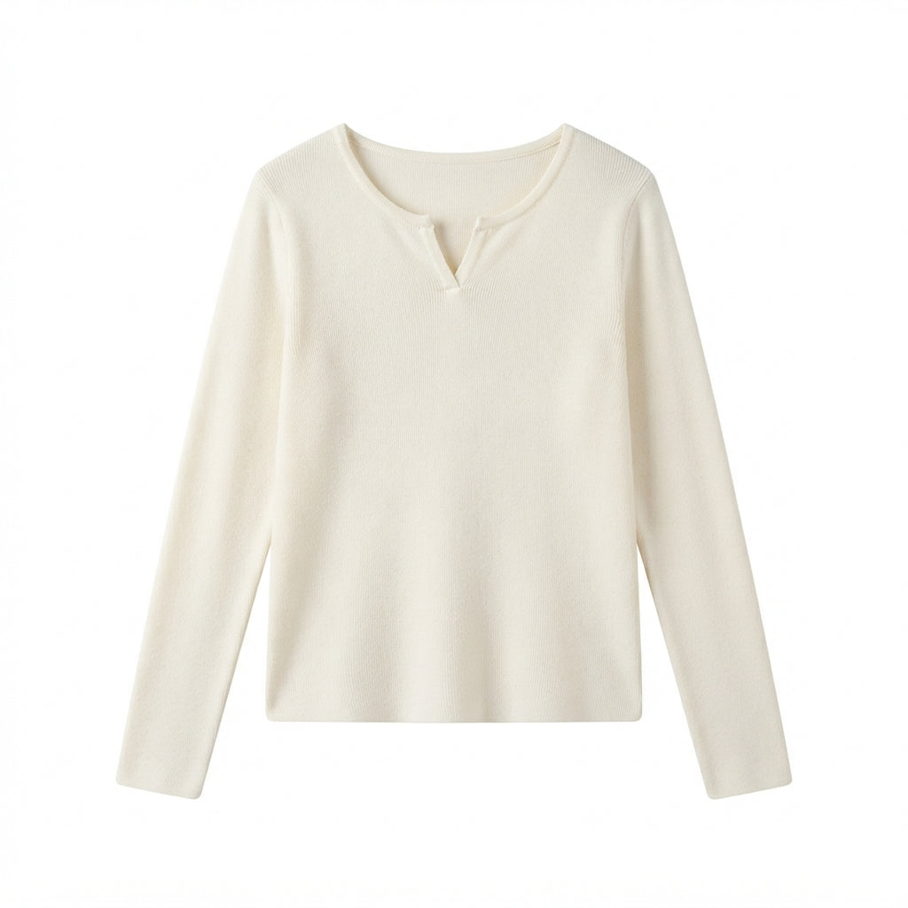 [WHOLESALE ONLY - CONTACT TO ORDER] Women's Ribbed Knit Split Notch-Neck Henley Pullover Sweater with Tonal Buttons (Cream Ivory) [AW-210]