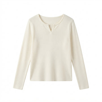 [WHOLESALE ONLY - CONTACT TO ORDER] Women's Ribbed Knit Split Notch-Neck Henley Pullover Sweater with Tonal Buttons (Cream Ivory) [AW-210]