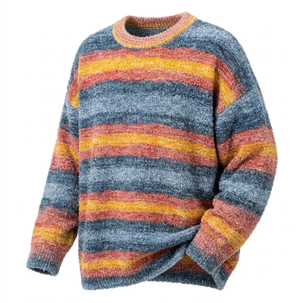 [WHOLESALE ONLY - CONTACT TO ORDER] Unisex Retro Sunset Multi-Stripe Fuzzy Chenille Crewneck Pullover Sweater (Denim Blue, Amber Gold & Terracotta) [AW-233]