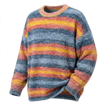 [WHOLESALE ONLY - CONTACT TO ORDER] Unisex Retro Sunset Multi-Stripe Fuzzy Chenille Crewneck Pullover Sweater (Denim Blue, Amber Gold & Terracotta) [AW-233]
