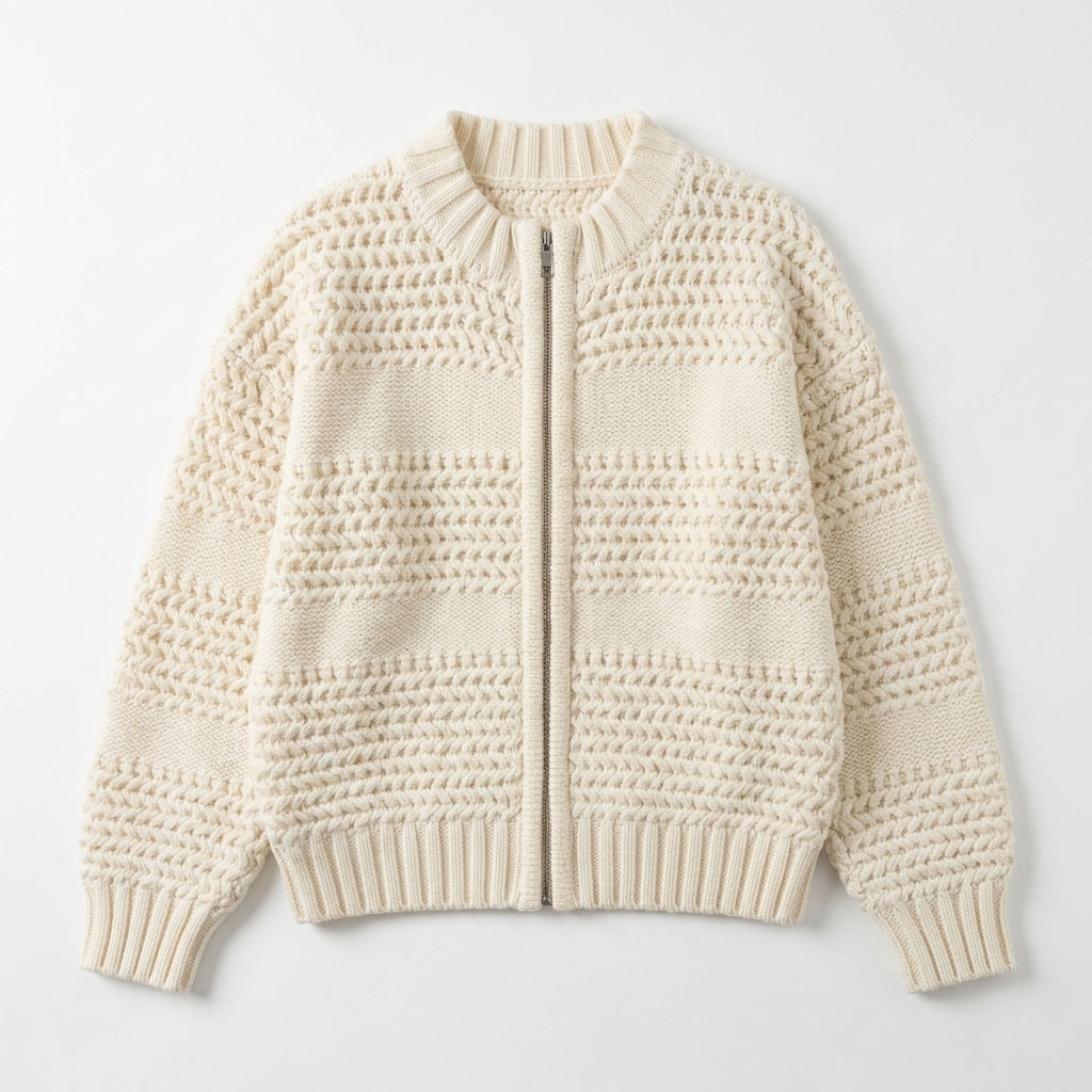 [WHOLESALE ONLY - CONTACT TO ORDER] Women's Chunky Textured Mock Neck Zip-Up Bomber Cardigan Sweater with Dimensional Honeycomb & Garter Stitching (Warm Cream Ivory) [AW-218]