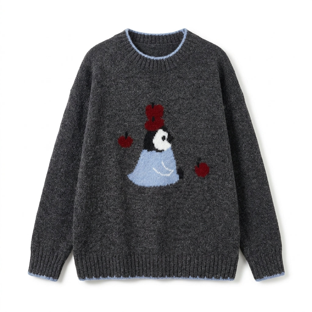 [WHOLESALE ONLY - CONTACT TO ORDER] Women's / Unisex Whimsical Fuzzy Penguin & Red Apple Intarsia Knit Sweater with Contrast Sky Blue Scalloped Tipping (Heather Charcoal Grey) [AW-234]