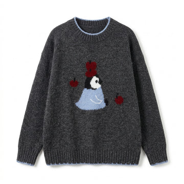 [WHOLESALE ONLY - CONTACT TO ORDER] Women's / Unisex Whimsical Fuzzy Penguin & Red Apple Intarsia Knit Sweater with Contrast Sky Blue Scalloped Tipping (Heather Charcoal Grey) [AW-234]