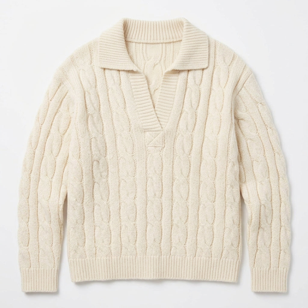 [WHOLESALE ONLY - CONTACT TO ORDER] Women's Preppy Cable-Knit Spread Polo Collar Open V-Neck Pullover Sweater (Warm Cream Ivory) [AW-219]