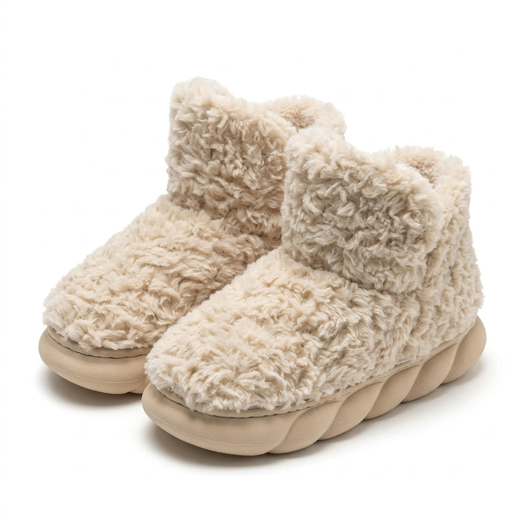 [WHOLESALE ONLY - CONTACT TO ORDER] Unisex Shaggy Fleece Ankle Bootie Slippers - Thick Chunky Bubble Platform Non-Slip Winter House Shoes (Cozy Beige) [FM-108]