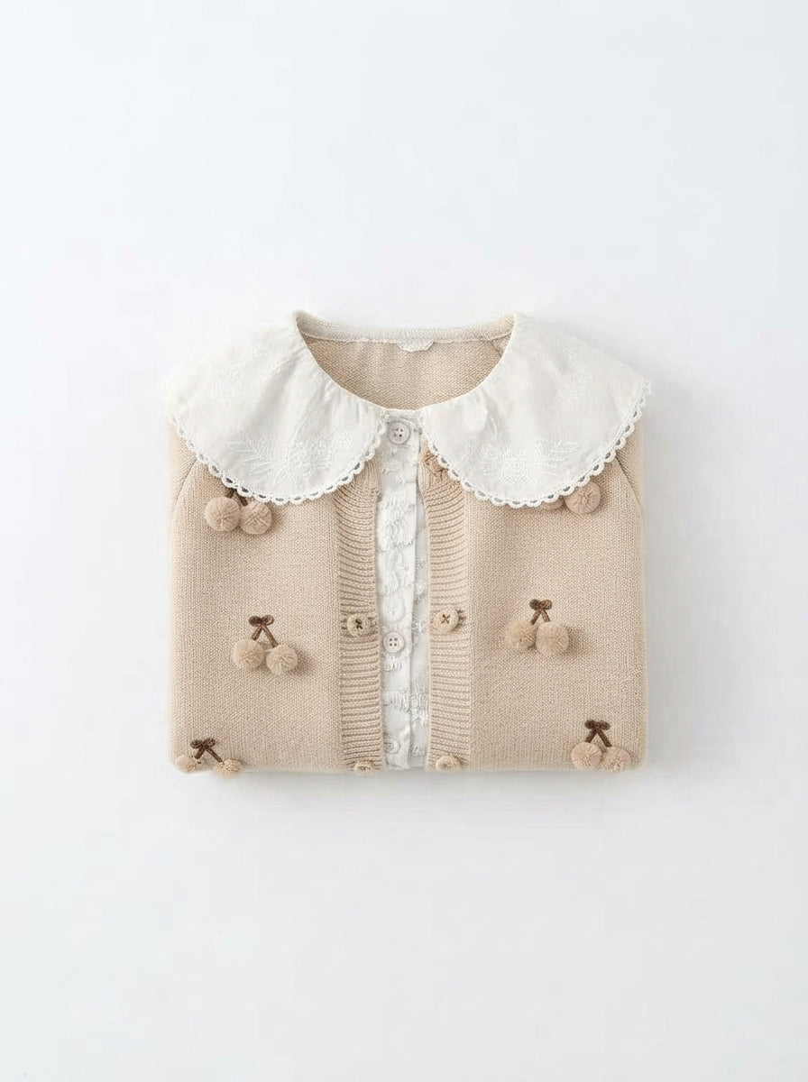 [WHOLESALE ONLY - CONTACT TO ORDER] Toddler Baby Girls 3D Pom-Pom Cherry Knit Cardigan - Embroidered Peter Pan Collar Fall Winter Sweater[KW-127]