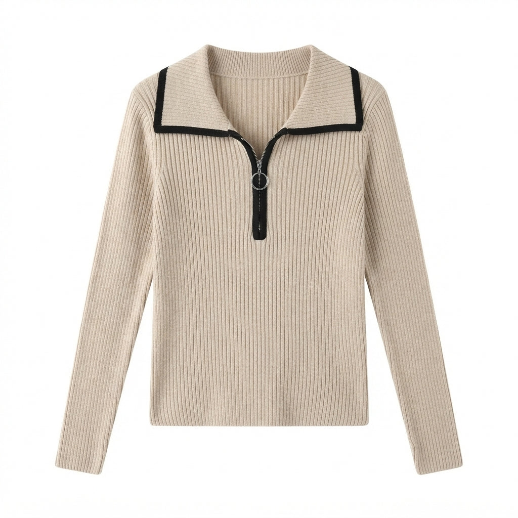 [WHOLESALE ONLY - CONTACT TO ORDER] Women's Ribbed Knit Contrast Tipped Polo Collar Quarter-Zip Pullover Sweater with Ring Pull (Heather Oatmeal & Black) [AW-209]