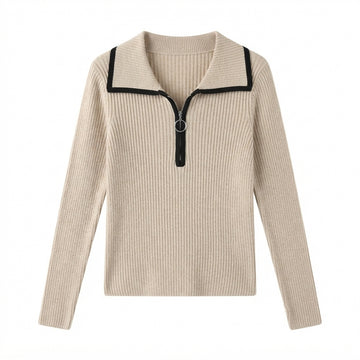 [WHOLESALE ONLY - CONTACT TO ORDER] Women's Ribbed Knit Contrast Tipped Polo Collar Quarter-Zip Pullover Sweater with Ring Pull (Heather Oatmeal & Black) [AW-209]