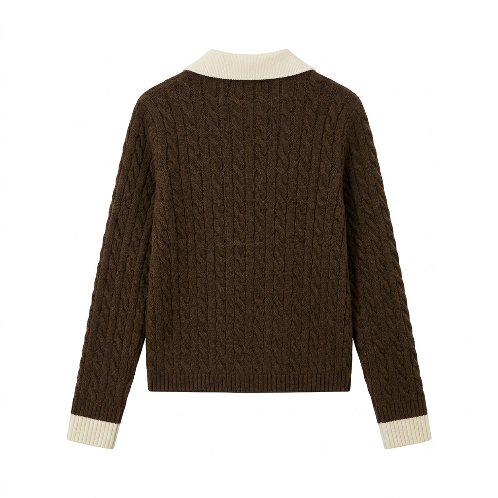 [WHOLESALE ONLY - CONTACT TO ORDER] Women's Preppy Cable-Knit V-Neck Polo Collar Layered Pullover Sweater (Espresso Brown & Cream) [AW-121]