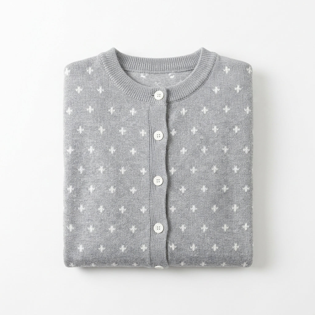 [WHOLESALE ONLY - CONTACT TO ORDER] Women's Vintage Nordic Geometric Cross Jacquard Polo Collar Button-Front Cardigan Sweater (Heather Grey & Off-White) [AW-204]
