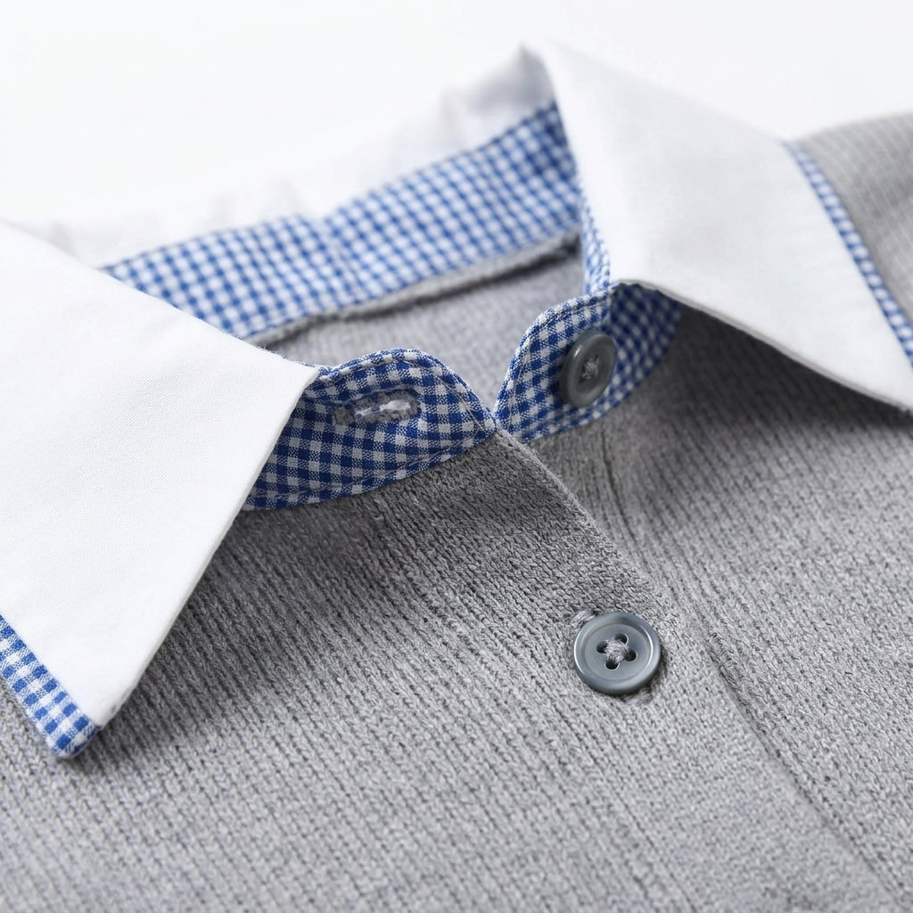 [WHOLESALE ONLY - CONTACT TO ORDER] Women's Preppy Layered Gingham Collar & Cuffs Cropped Cardigan Sweater with Wide Ribbed Waist (Heather Grey & Blue Check) [AW-123]