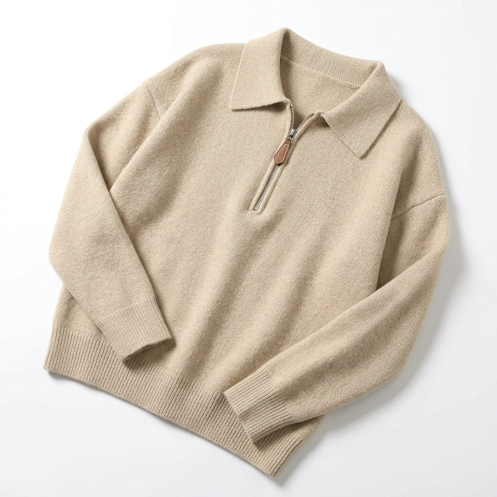 [WHOLESALE ONLY - CONTACT TO ORDER] Women's Ultra-Soft Cashmere-Feel Plain Knit Polo Collar Quarter-Zip Pullover Sweater with Suede Leather Pull (Heather Oatmeal Melange) [AW-215]
