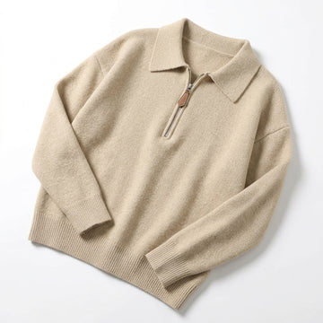 [WHOLESALE ONLY - CONTACT TO ORDER] Women's Ultra-Soft Cashmere-Feel Plain Knit Polo Collar Quarter-Zip Pullover Sweater with Suede Leather Pull (Heather Oatmeal Melange) [AW-215]