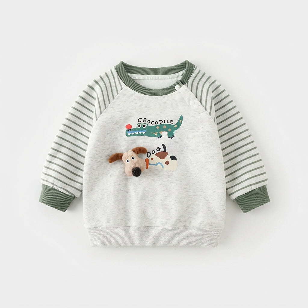 [WHOLESALE ONLY - CONTACT TO ORDER] Toddler Baby Fleece Crewneck Sweatshirt - 3D Stuffed Puppy Head & Crocodile Print Striped Raglan Sleeve Pullover[KW-137]