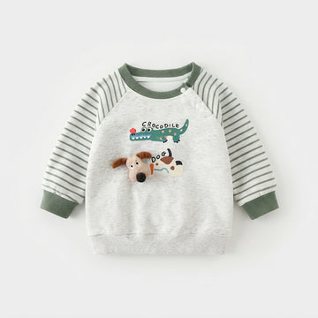 [WHOLESALE ONLY - CONTACT TO ORDER] Toddler Baby Fleece Crewneck Sweatshirt - 3D Stuffed Puppy Head & Crocodile Print Striped Raglan Sleeve Pullover[KW-137]