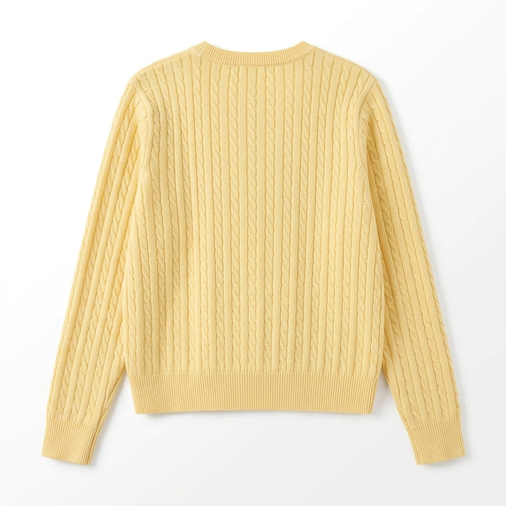 [WHOLESALE ONLY - CONTACT TO ORDER] Women's Classic Fitted Cable-Knit Crewneck Button-Front Cardigan Sweater (Soft Pastel Butter Yellow) [AW-125]