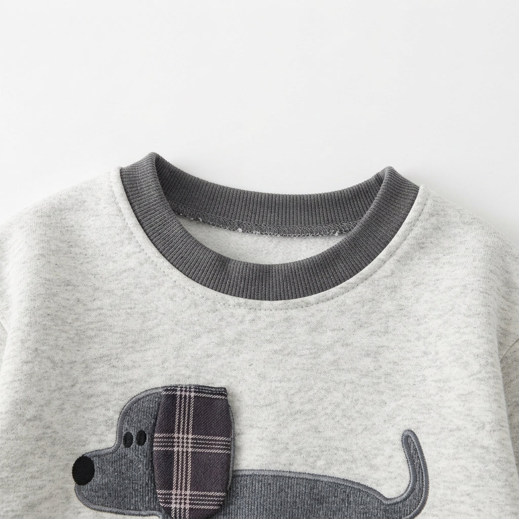 [WHOLESALE ONLY - CONTACT TO ORDER] Toddler Boys 2-Piece Fleece Sweatshirt & Tartan Plaid Pants Set - Cute Dachshund Dog Patchwork Tracksuit [KW-152]