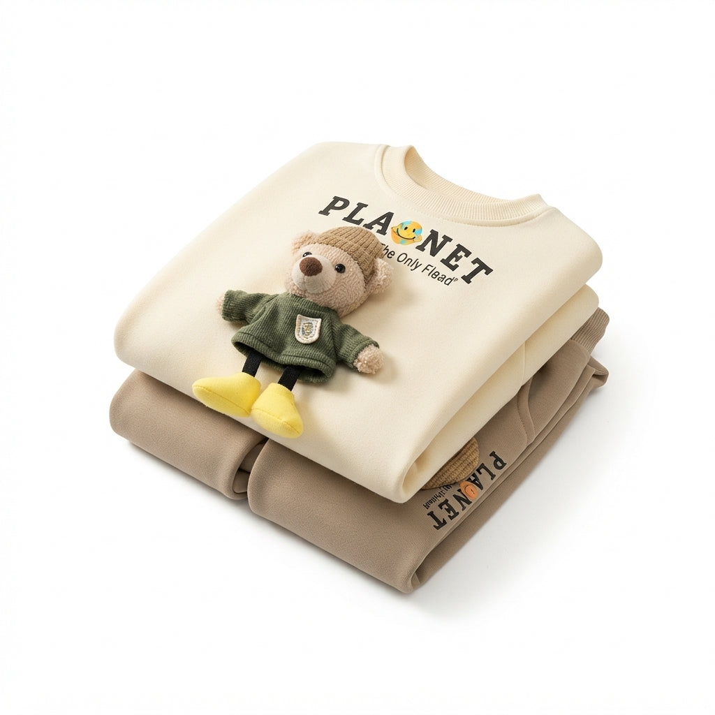 [WHOLESALE ONLY - CONTACT TO ORDER] Toddler Boys 2-Piece Fleece Sweatshirt & Jogger Pants Set - 3D Knitted Bear Doll Patchwork Loungewear[KW-167]