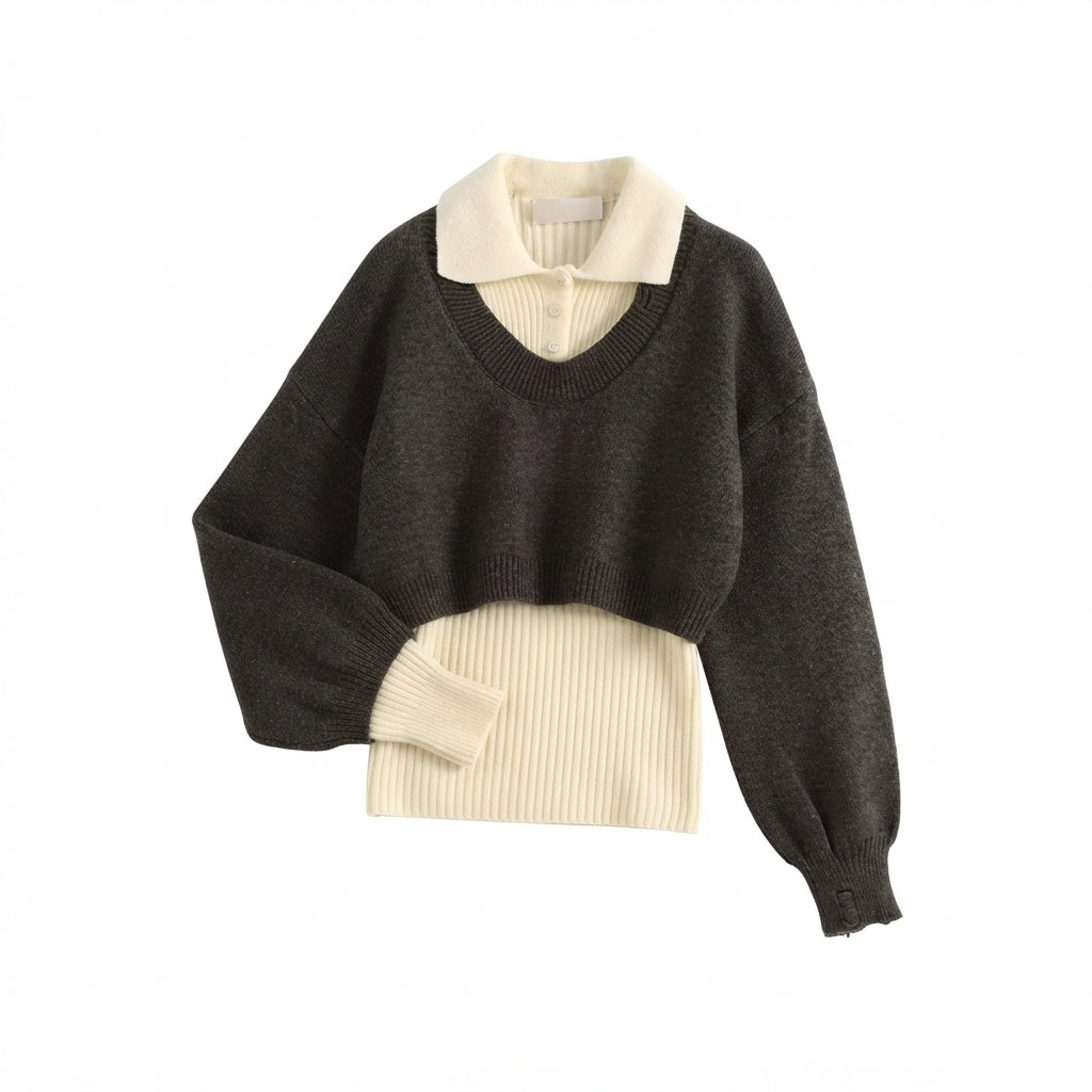 [WHOLESALE ONLY - CONTACT TO ORDER] Women's Preppy 2-in-1 Layered Cropped Knit Pullover Sweater with Ribbed Polo Collar Insert (Heather Charcoal Grey & Cream White) [AW-206]