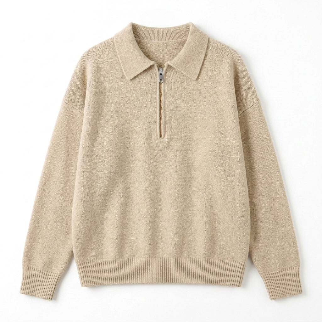 [WHOLESALE ONLY - CONTACT TO ORDER] Unisex Preppy Quarter-Zip Polo Collar Drop-Shoulder Knit Pullover Sweater (Heather Oat Melange) [AW-191]