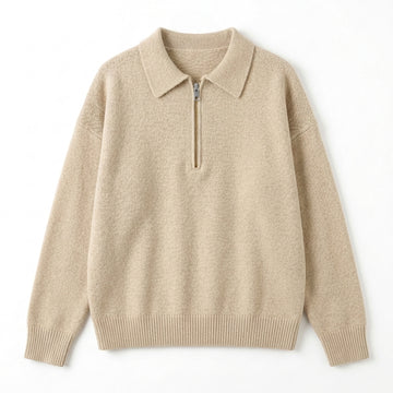 [WHOLESALE ONLY - CONTACT TO ORDER] Unisex Preppy Quarter-Zip Polo Collar Drop-Shoulder Knit Pullover Sweater (Heather Oat Melange) [AW-191]