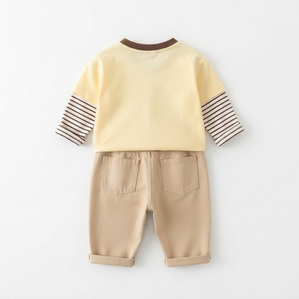 [WHOLESALE ONLY - CONTACT TO ORDER] Toddler Boys 2-Piece Faux Layered Striped Long Sleeve T-Shirt & Chino Pants Set - Cute Dachshund Dog Print Autumn Loungewear [KW-151]