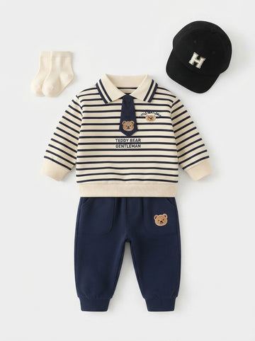 [WHOLESALE ONLY - CONTACT TO ORDER] Toddler Baby Boys Nautical Striped Polo Sweatshirt & Fleece Joggers Set with Gentleman Tie - Embroidered Teddy Bear Outfits [KW-160]