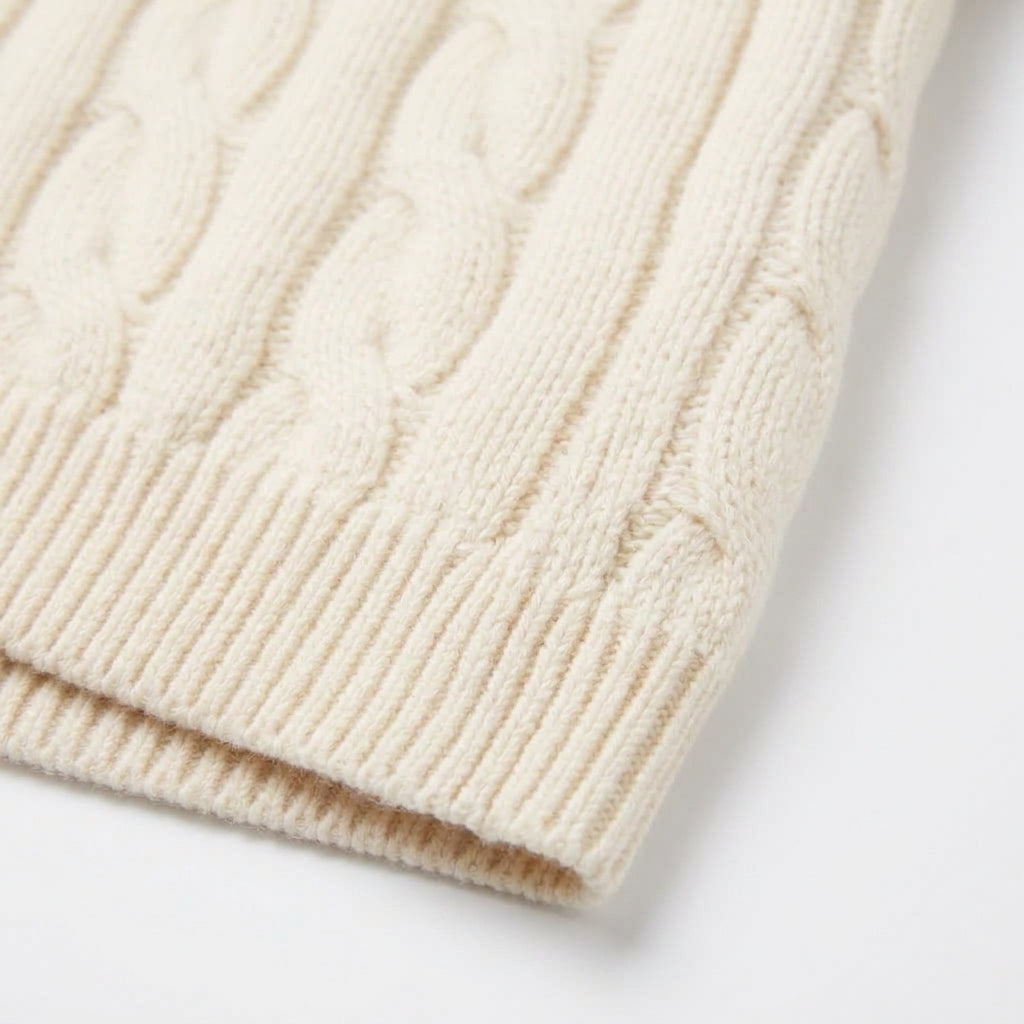 [WHOLESALE ONLY - CONTACT TO ORDER] Women's Preppy Cable-Knit Spread Polo Collar Open V-Neck Pullover Sweater (Warm Cream Ivory) [AW-219]