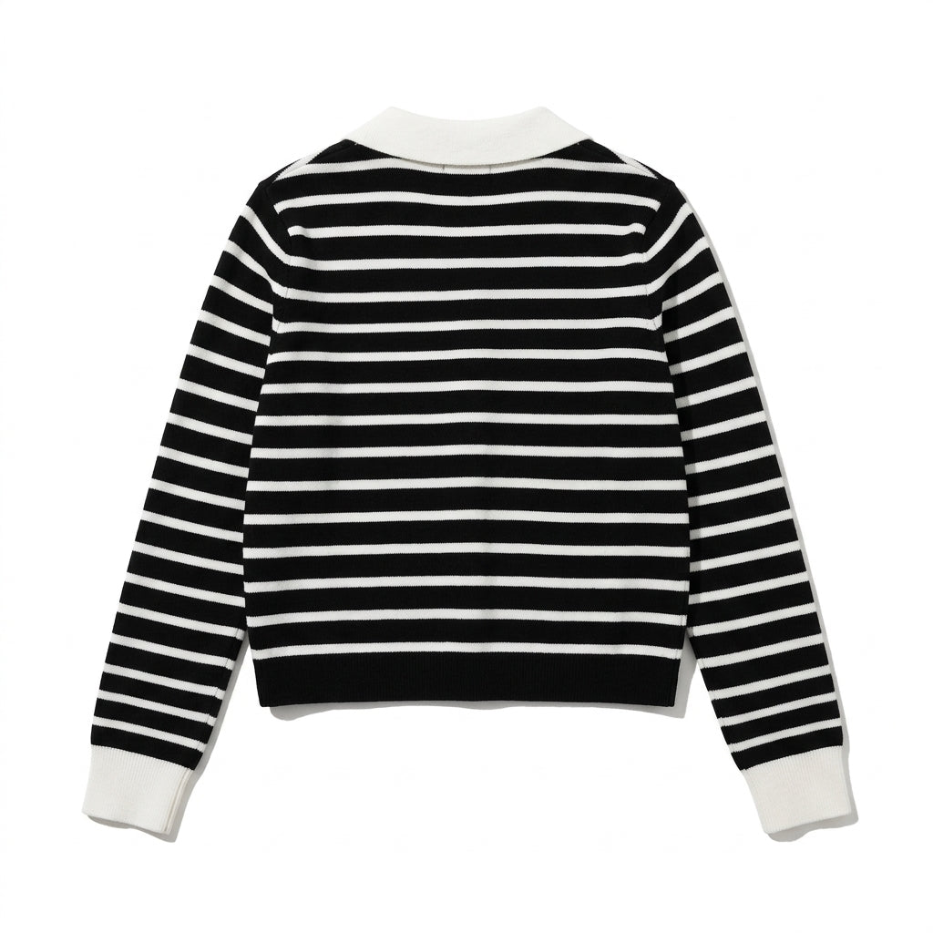 [WHOLESALE ONLY - CONTACT TO ORDER] Women's Parisian Chic Striped Knit Cardigan with Contrast Ribbed Collar & Pearl Dome Buttons (Midnight Navy & Cream White) [AW-224]