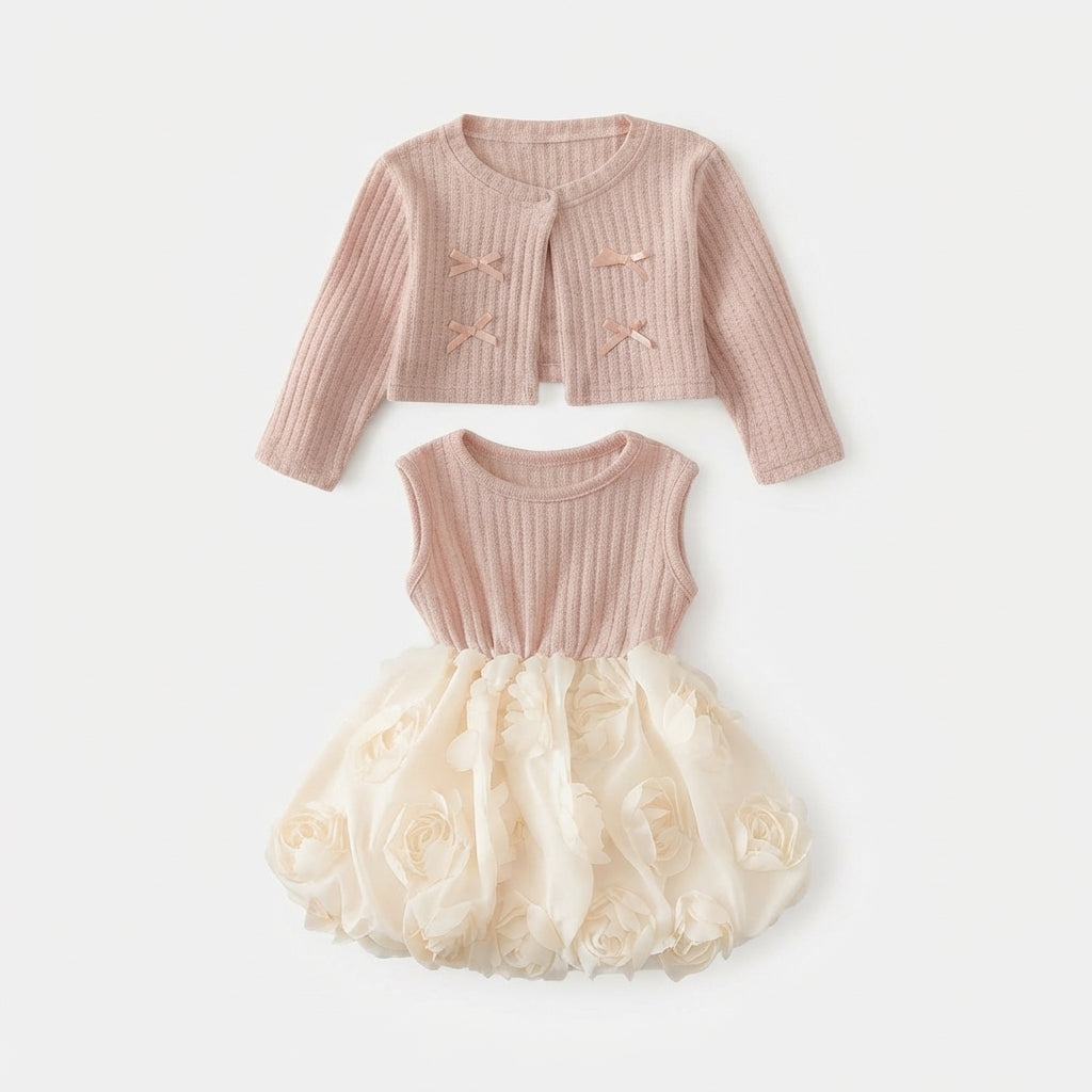 [WHOLESALE ONLY - CONTACT TO ORDER] Toddler Baby Girls 2-Piece Ribbed Knit Cardigan & 3D Rosette Bubble Tutu Dress Set - Balletcore Princess Outfit [KW-168]