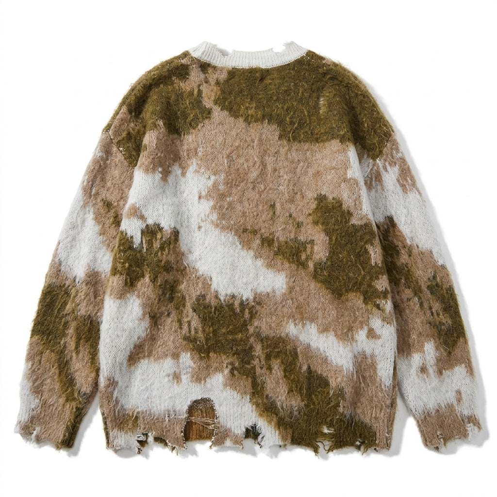 [WHOLESALE ONLY - CONTACT TO ORDER] Unisex Oversized Grunge Distressed Camo Fuzzy Jacquard Crewneck Sweater with Frayed Hem & Star Accent (Earth Camo / Moss Olive, Sand & Cream) [AW-229]