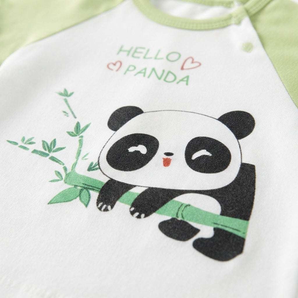 [WHOLESALE ONLY - CONTACT TO ORDER] Toddler Baby Raglan Short Sleeve T-Shirt - Cute Cartoon Panda on Bamboo Branch "HELLO PANDA" Graphic Cotton Tee [KW-142]