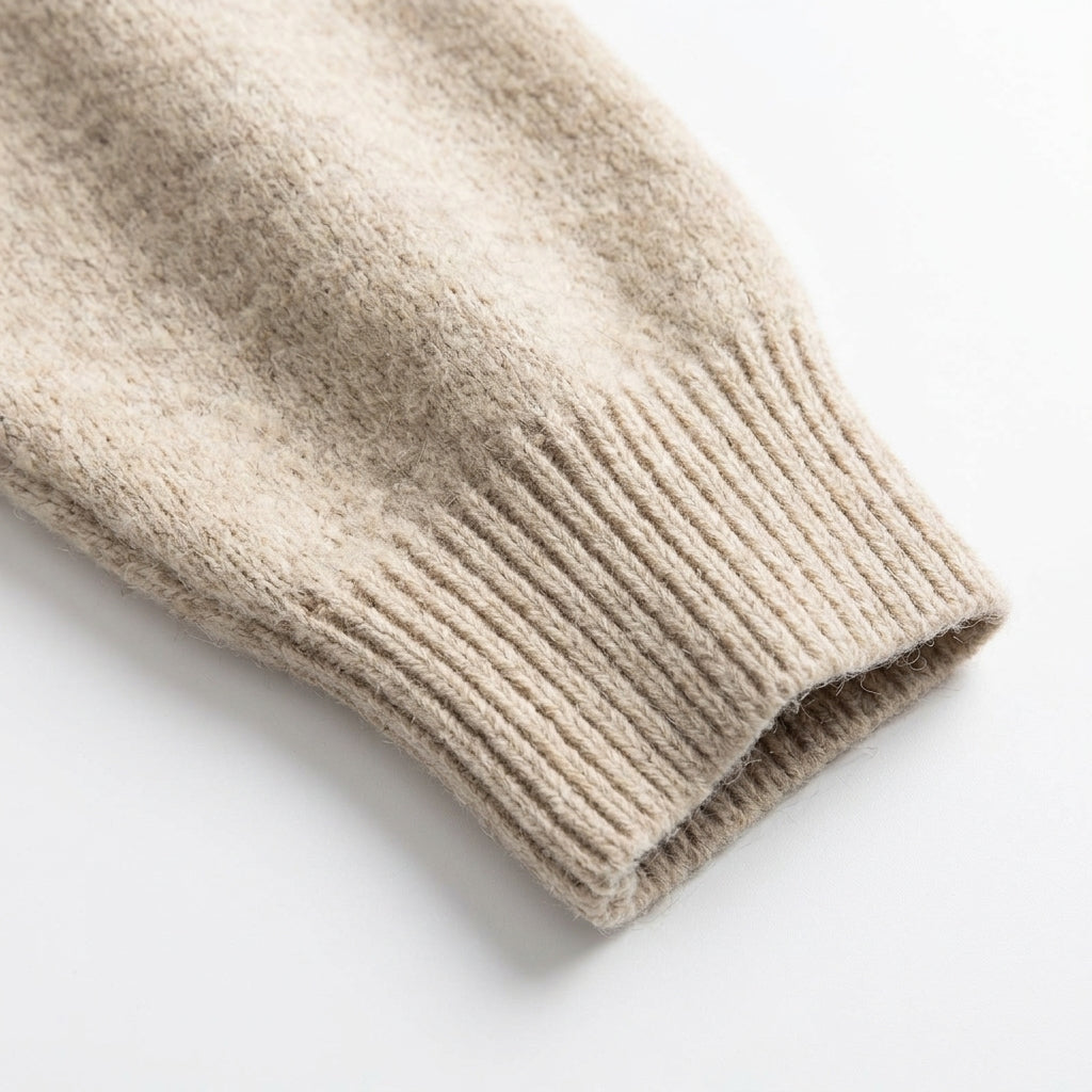 [WHOLESALE ONLY - CONTACT TO ORDER] Women's / Unisex Cozy Asymmetric Buttoned Fold-Over Collar Knit Sweater with 3D Fuzzy Puppy in Fair Isle Vest Graphic (Heather Oatmeal Beige) [AW-236]