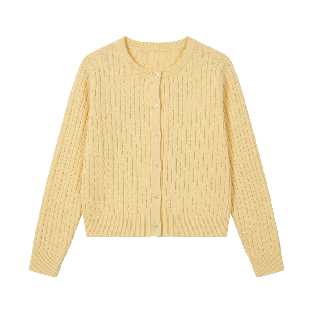 [WHOLESALE ONLY - CONTACT TO ORDER] Women's Classic Fitted Cable-Knit Crewneck Button-Front Cardigan Sweater (Soft Pastel Butter Yellow) [AW-125]