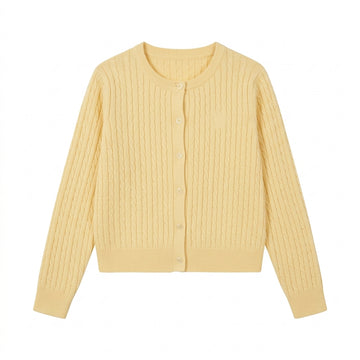 [WHOLESALE ONLY - CONTACT TO ORDER] Women's Classic Fitted Cable-Knit Crewneck Button-Front Cardigan Sweater (Soft Pastel Butter Yellow) [AW-125]