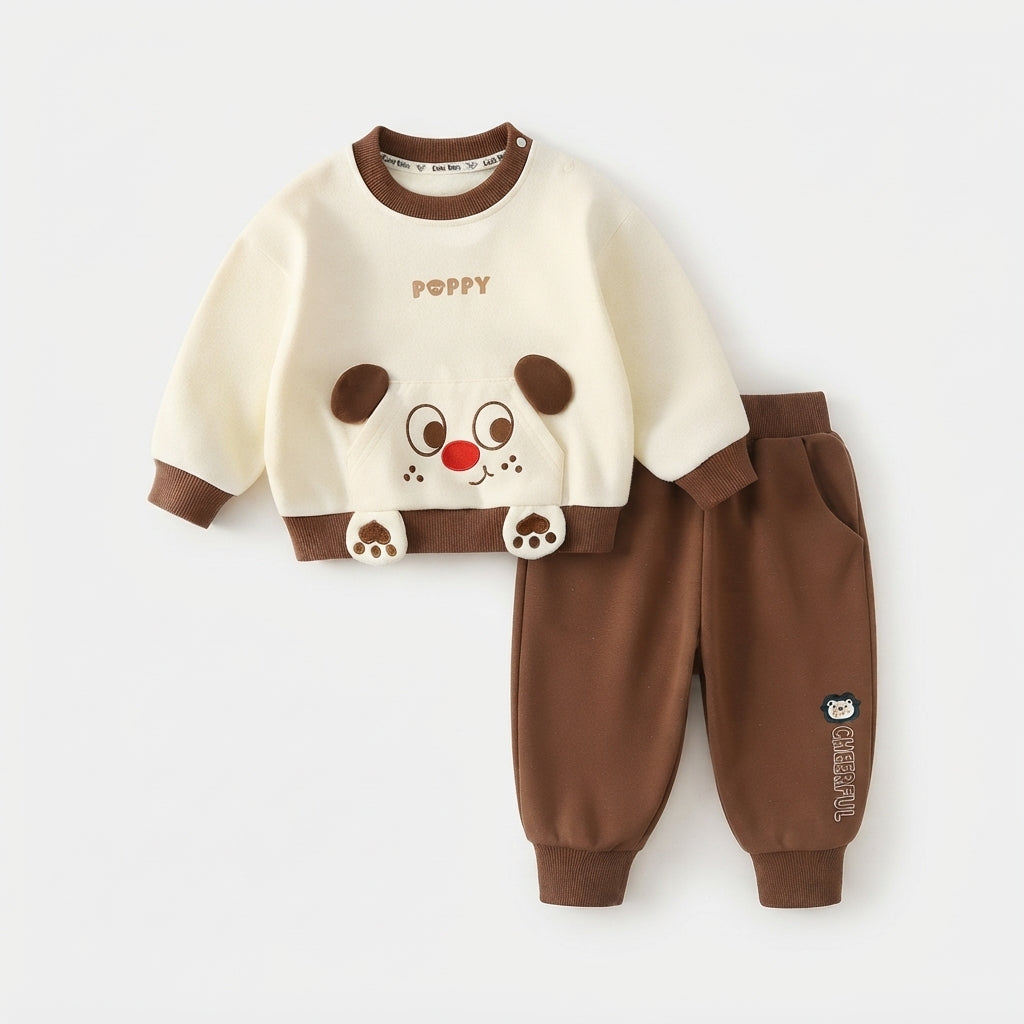 [WHOLESALE ONLY - CONTACT TO ORDER] Toddler Boys 2-Piece Fleece Sweatshirt & Joggers Set - 3D Puppy Dog Kangaroo Pocket Colorblock Loungewear [KW-150]