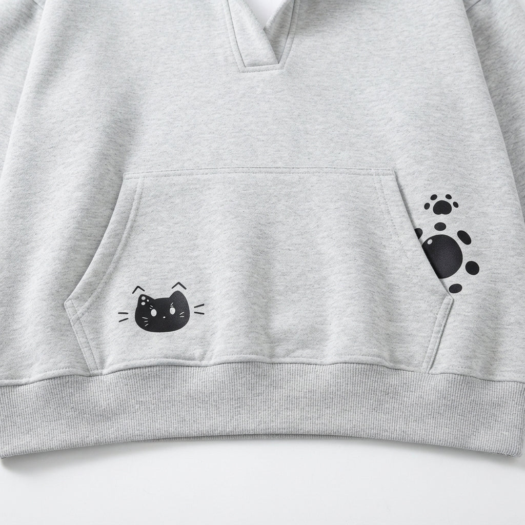 [WHOLESALE ONLY - CONTACT TO ORDER] Women's Heavyweight 360GSM 85% Cotton Fleece V-Neck Split-Collar Pullover Hoodie with Cartoon Cat & Paw Prints (Heather Light Grey) [AW-110]