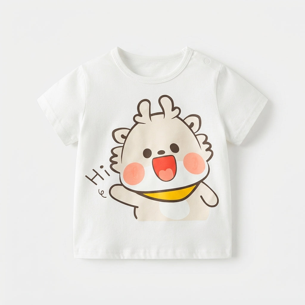 [WHOLESALE ONLY - CONTACT TO ORDER] Toddler Baby Short Sleeve Graphic T-Shirt - Cute Cartoon Animal "Hi" Print Shoulder Snap Cotton Tee [KW-147]