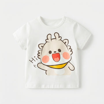 [WHOLESALE ONLY - CONTACT TO ORDER] Toddler Baby Short Sleeve Graphic T-Shirt - Cute Cartoon Animal "Hi" Print Shoulder Snap Cotton Tee [KW-147]