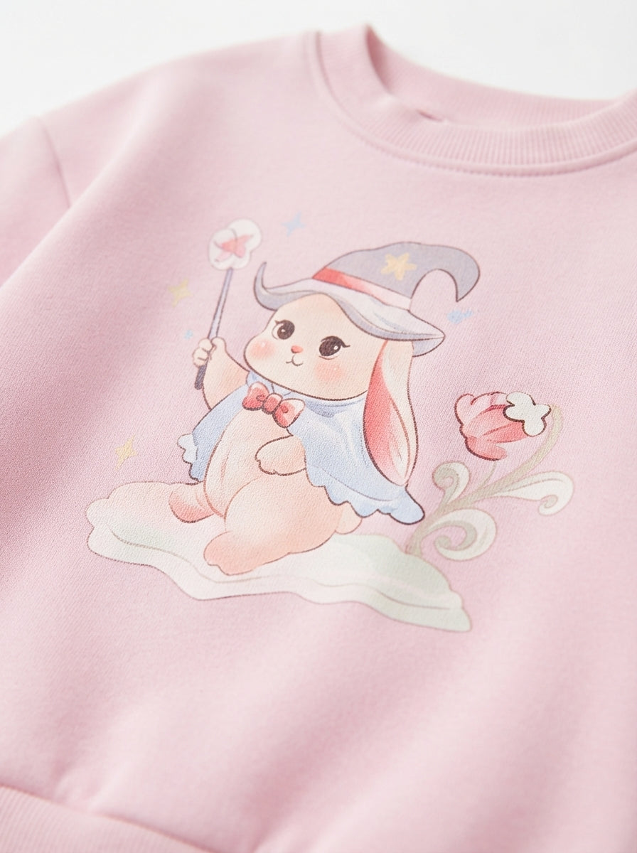 [WHOLESALE ONLY - CONTACT TO ORDER] Toddler Baby Girls 2-Piece Fleece Sweatshirt & Joggers Set - Cute Magical Wizard Bunny Graphic Pink Tracksuit [KW-158]