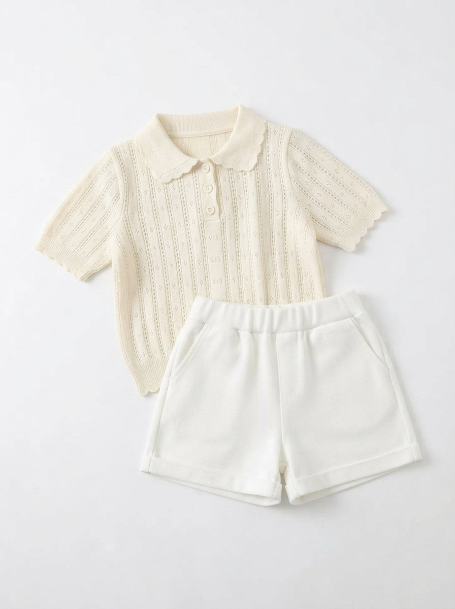[WHOLESALE ONLY - CONTACT TO ORDER] Toddler Baby Pointelle Knit Polo Shirt & Shorts Set with Crochet Star Beanie - Soft Cotton Summer Outfit [KW-162]