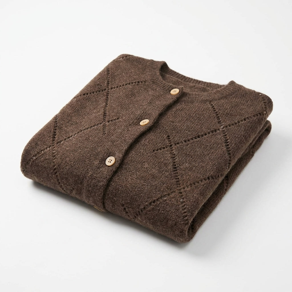[WHOLESALE ONLY - CONTACT TO ORDER] Women's Classic Pointelle Diamond-Trellis Cable-Knit Crewneck Cardigan with Wooden Buttons (Heather Mocha Brown) [AW-235]