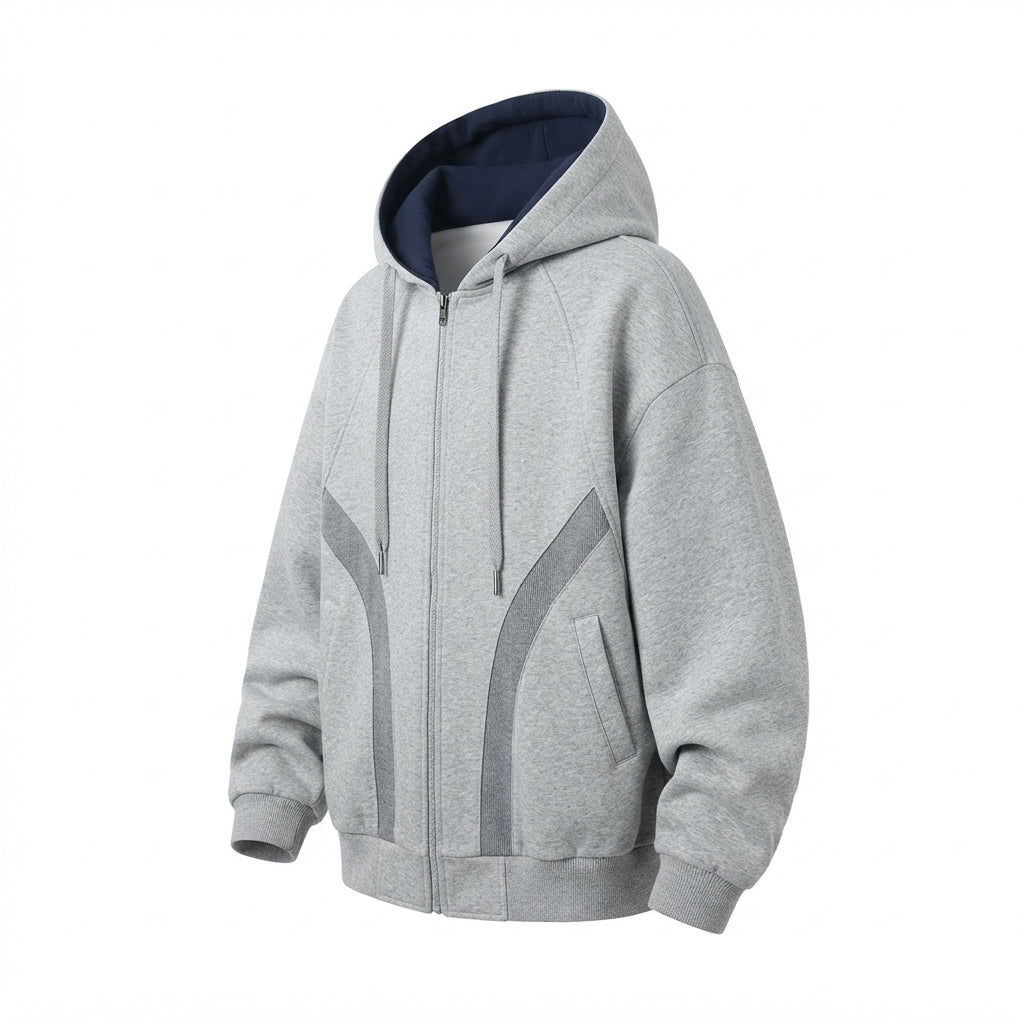 [WHOLESALE ONLY - CONTACT TO ORDER] Unisex Heavyweight 400GSM 80% Cotton Fleece Curved Arch Paneled Full-Zip Oversized Hoodie (Heather Grey & Navy) [AW-104]