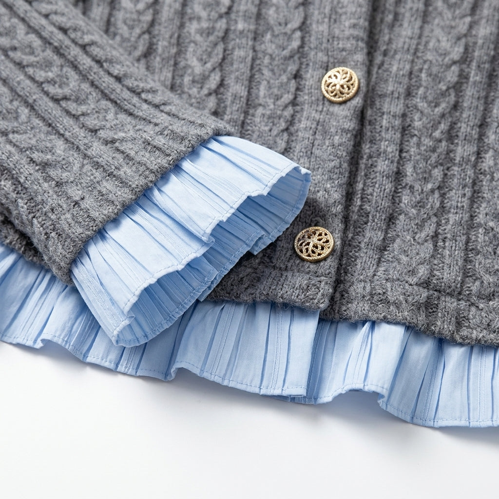 [WHOLESALE ONLY - CONTACT TO ORDER] Women's Preppy 2-in-1 Layered Cable-Knit Cardigan with Pleated Shirting Trim, Velvet Bow & Gold Crest Button Details (Heather Medium Grey & Sky Blue) [AW-232]