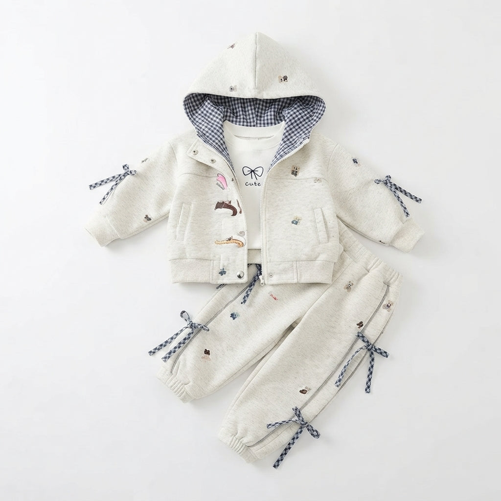[WHOLESALE ONLY - CONTACT TO ] ToddleORDERr Girls Coquette Gingham Bow Fleece Zip-Up Hoodie & Jogger Pants Set - Gingham Lined Hood & Teddy Bear Embroidery Tracksuit [KW-166]
