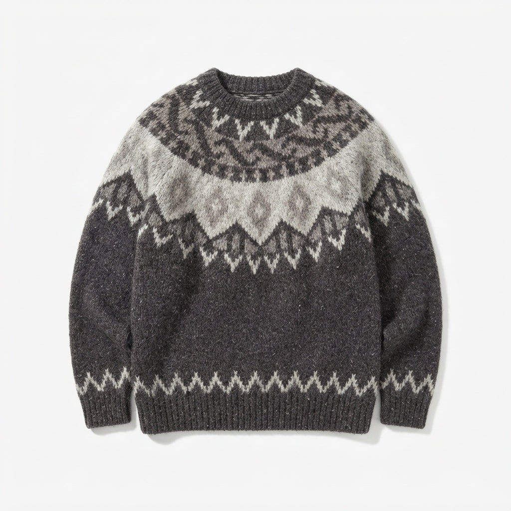 [WHOLESALE ONLY - CONTACT TO ORDER] Unisex Nordic Fair Isle Circular Yoke Brushed Knit Crewneck Pullover Sweater (Heather Charcoal Grey) [AW-211]