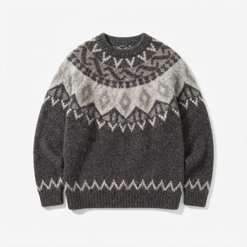 [WHOLESALE ONLY - CONTACT TO ORDER] Unisex Nordic Fair Isle Circular Yoke Brushed Knit Crewneck Pullover Sweater (Heather Charcoal Grey) [AW-211]