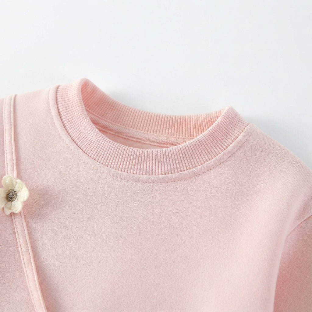 [WHOLESALE ONLY - CONTACT TO ORDER] Toddler Baby Girls 2-Piece Fleece Sweatshirt & Joggers Set - 3D Stuffed Bunny Doll Crossbody Floral Embroidery Pink Tracksuit [KW-154]