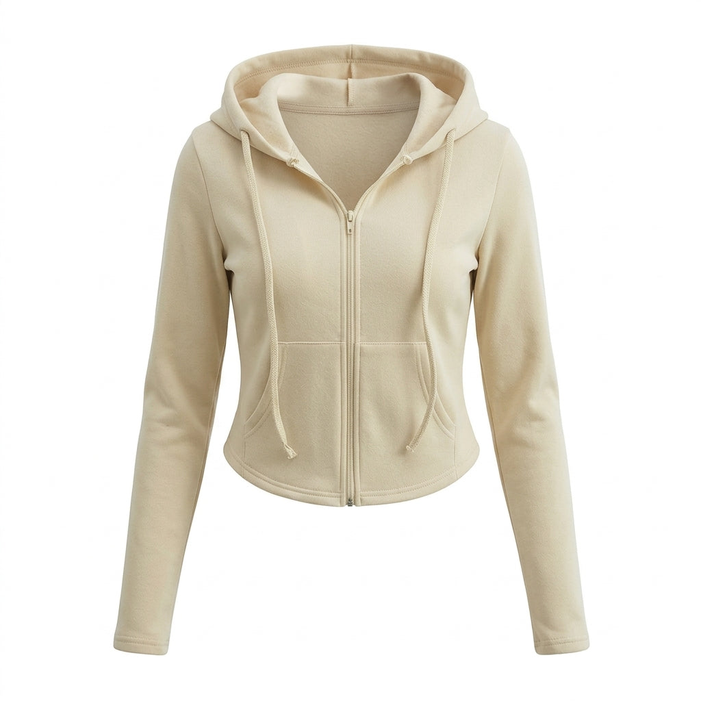 [WHOLESALE ONLY - CONTACT TO ORDER] Women's Premium 320GSM 85% Cotton Fleece Corset-Waist Curved-Hem Full-Zip Cropped Hoodie (Warm Oat Milk Khaki) [AW-111]